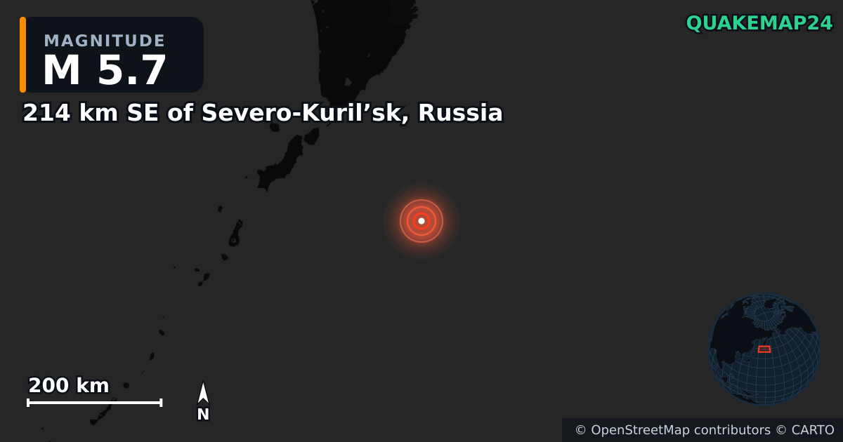 M5.7 earthquake near 214 km SE of Severo-Kuril’sk, Russia on Nov 21, 2025 — map of epicenter and shaking intensity | QuakeMap24
