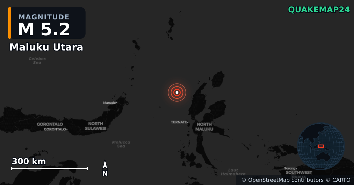 M5.2 earthquake near Maluku Utara on Nov 4, 2025 — map of epicenter and shaking intensity | QuakeMap24