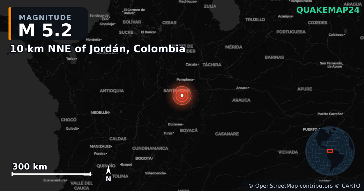 M5.2 earthquake near 10 km NNE of Jordán, Colombia on Apr 18, 2025 — map of epicenter and shaking intensity | QuakeMap24