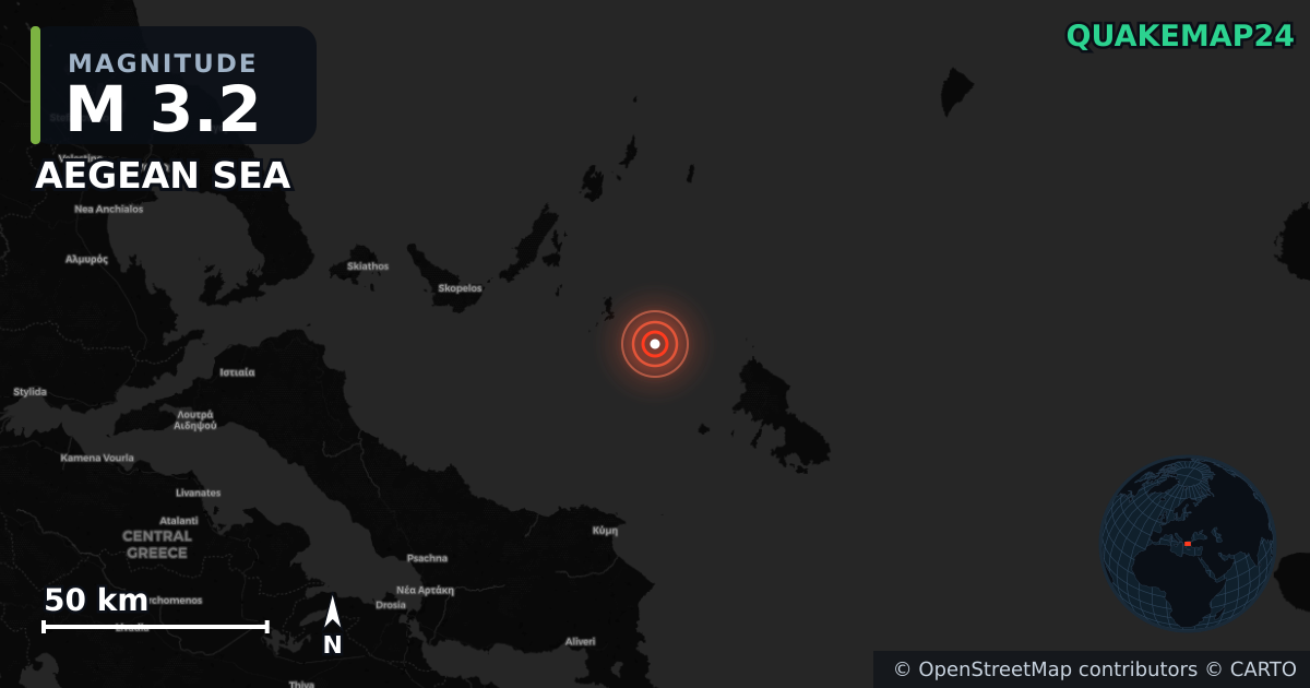 M3.2 earthquake near AEGEAN SEA on Nov 18, 2025 — map of epicenter and shaking intensity | QuakeMap24