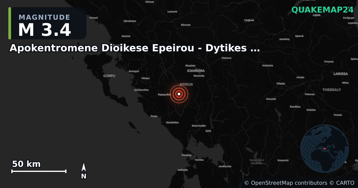 M3.4 earthquake near Apokentromene Dioikese Epeirou - Dytikes Makedonias on Jul 25, 2025 — map of epicenter and shaking intensity | QuakeMap24