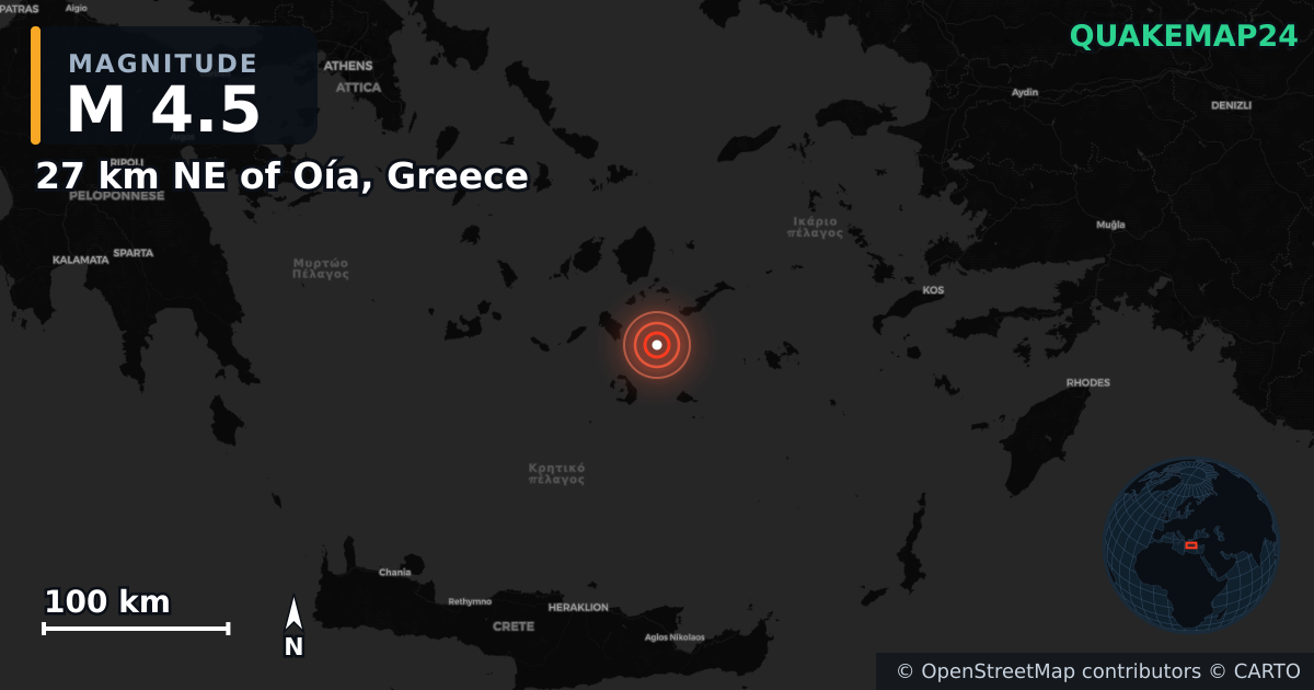 M4.5 earthquake near 27 km NE of Oía, Greece on Feb 24, 2025 — map of epicenter and shaking intensity | QuakeMap24