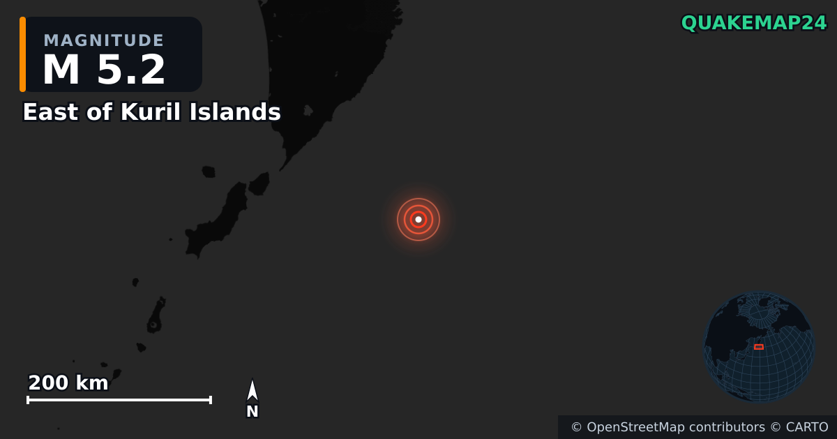 M5.2 earthquake near East of Kuril Islands on Aug 7, 2025 — map of epicenter and shaking intensity | QuakeMap24