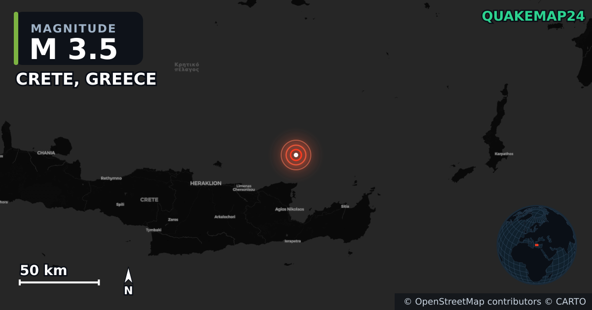 M3.5 earthquake near CRETE, GREECE on Jul 15, 2025 — map of epicenter and shaking intensity | QuakeMap24