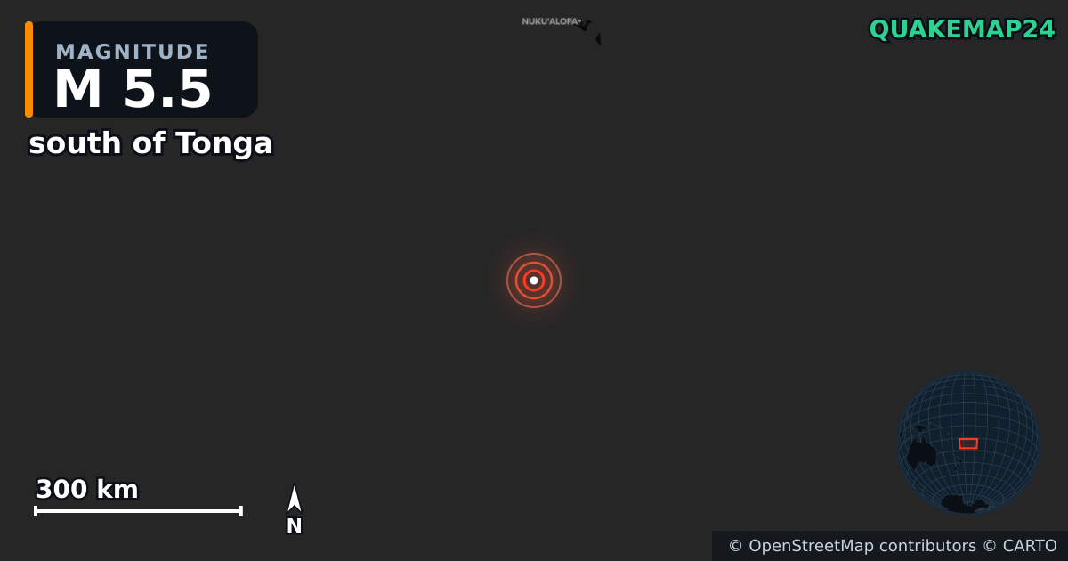 M5.5 earthquake near south of Tonga on Aug 16, 2025 — map of epicenter and shaking intensity | QuakeMap24