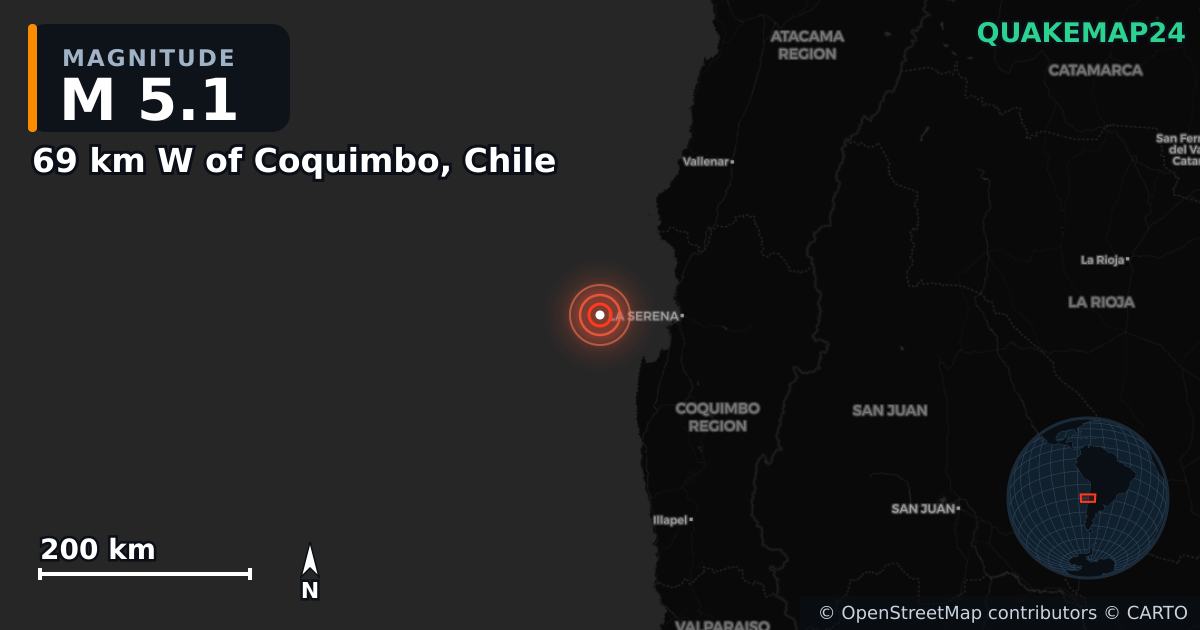 Σεισμός M5,1 κοντά στο 69 km W of Coquimbo, Chile · 2026-07-31 — Χάρτης της θέσης του επικέντρου