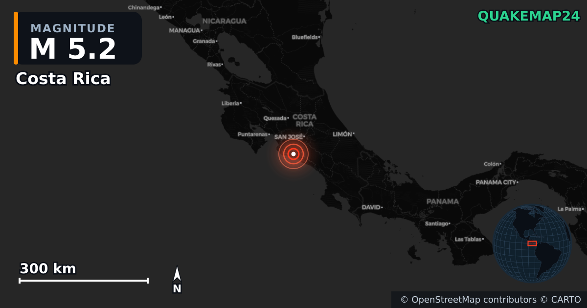 M5.2 earthquake near Costa Rica on May 13, 2026 — map of epicenter and shaking intensity | QuakeMap24