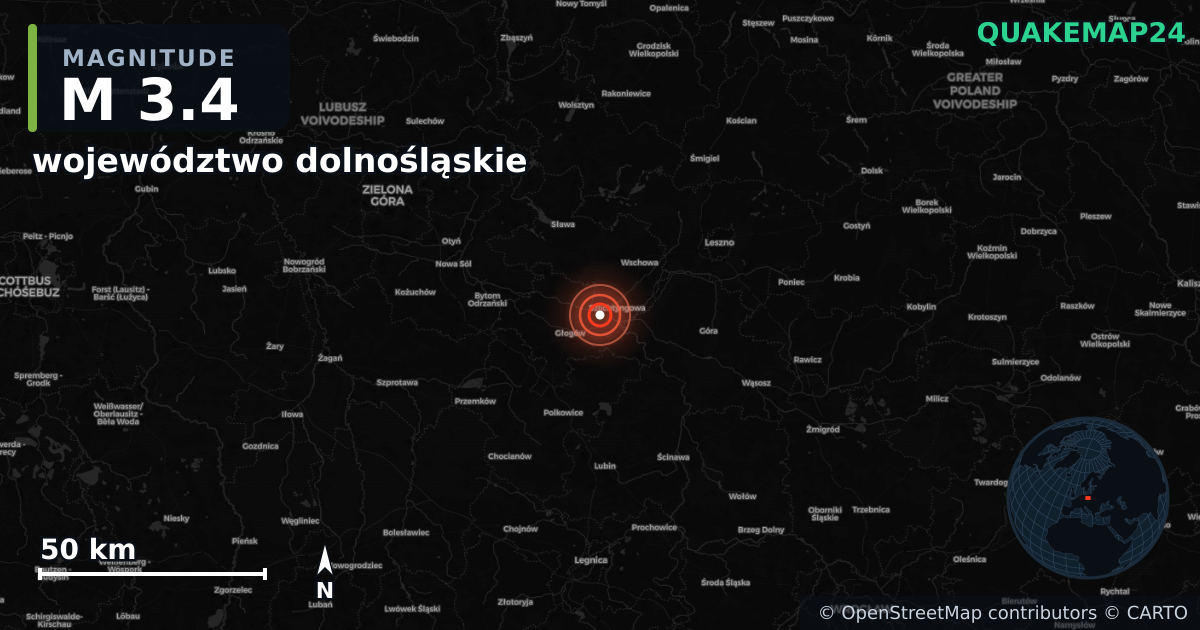 M3.4 earthquake near województwo dolnośląskie on Jul 22, 2025 — map of epicenter and shaking intensity | QuakeMap24