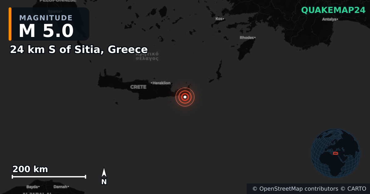 Erdbeben M5,0 bei 24 km S of Sitia, Greece — Karte der Lage des Epizentrums