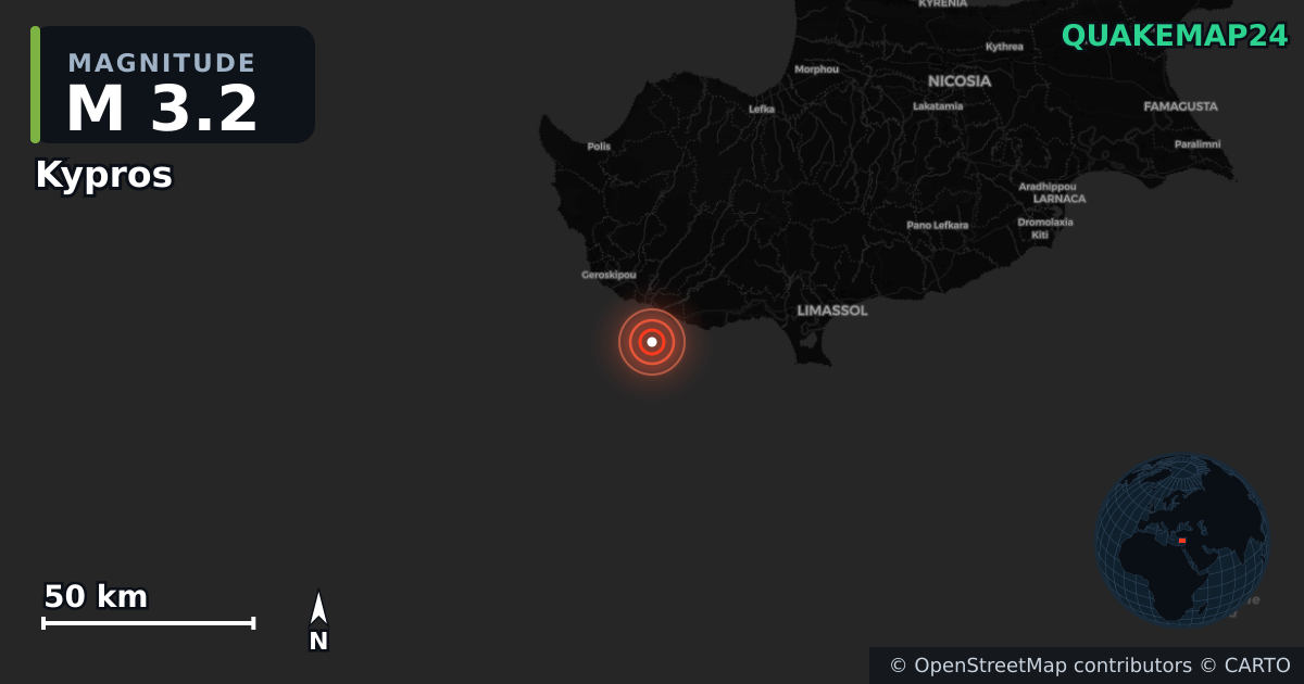 M3.2 earthquake near Kypros on Nov 12, 2025 — map of epicenter and shaking intensity | QuakeMap24