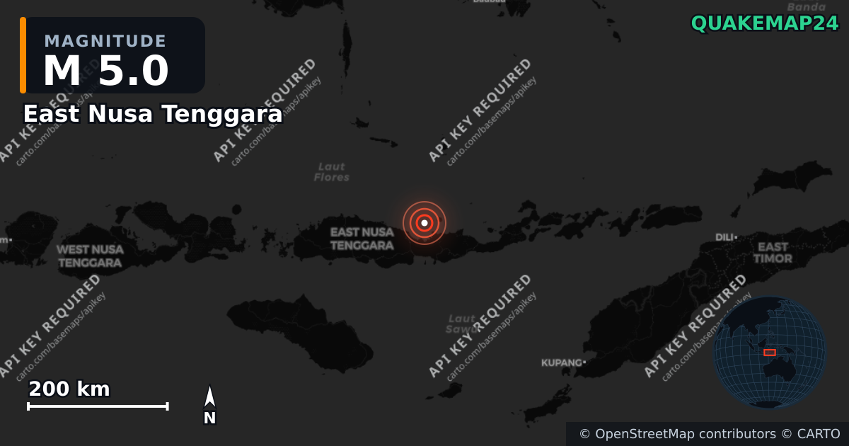 M5.0 earthquake near East Nusa Tenggara on Aug 26, 2026 — map of epicenter and shaking intensity | QuakeMap24