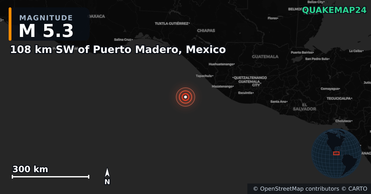 Erdbeben M5,3 bei 108 km SW of Puerto Madero, Mexico — Karte der Lage des Epizentrums