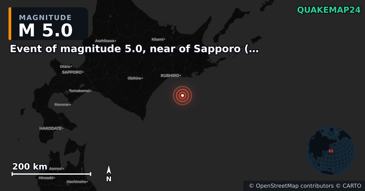 M5.0 earthquake near Event of magnitude 5.0, near of Sapporo (Monde) on Nov 26, 2025 — map of epicenter and shaking intensity | QuakeMap24