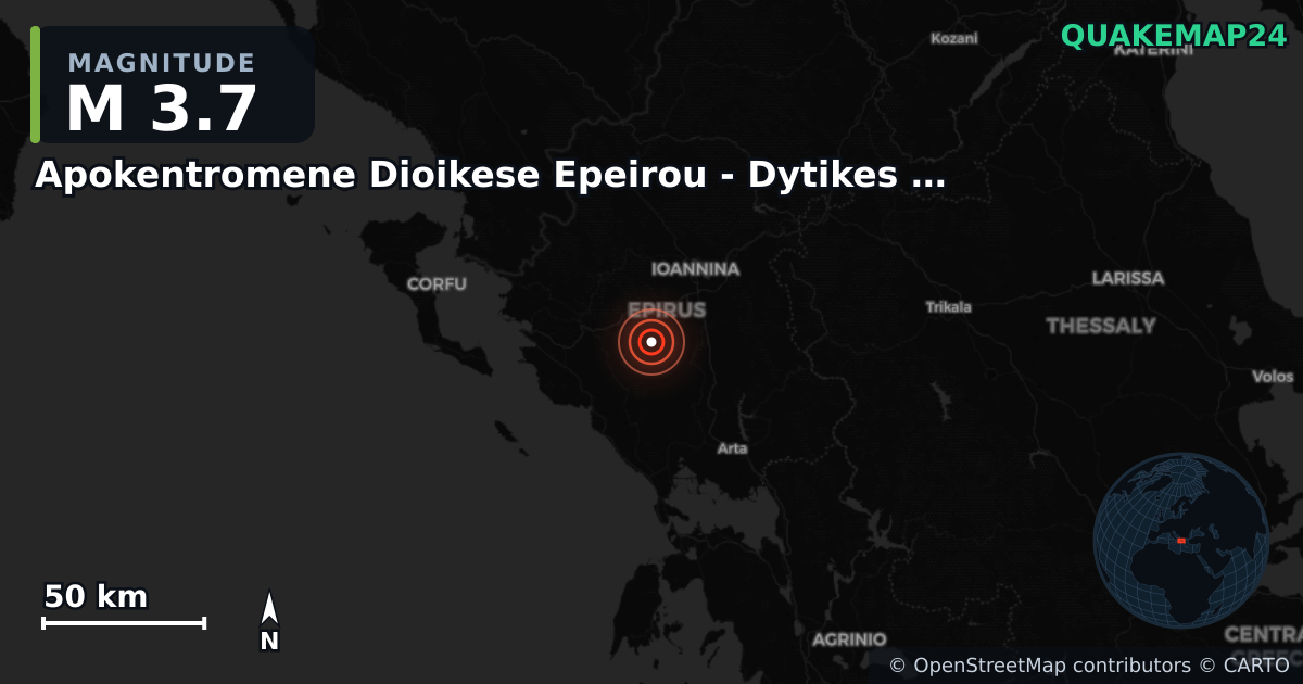 M3.7 earthquake near Apokentromene Dioikese Epeirou - Dytikes Makedonias on Jul 22, 2025 — map of epicenter and shaking intensity | QuakeMap24