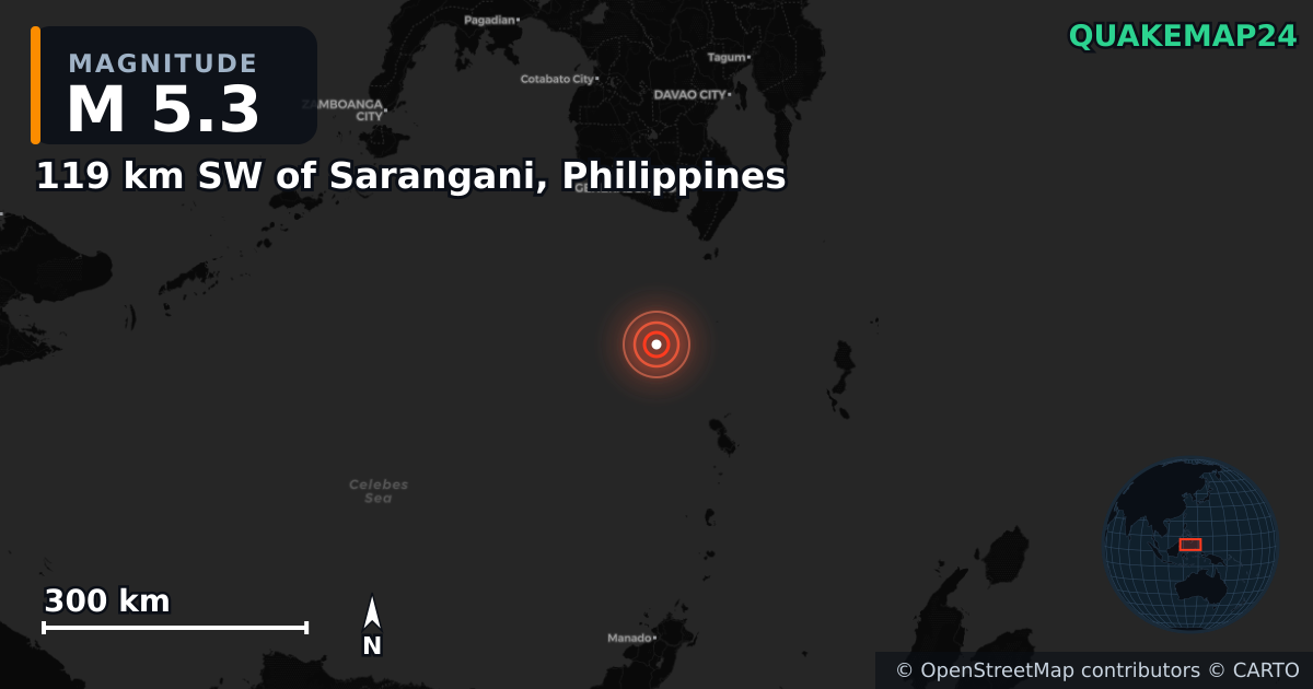 M5.3 earthquake near 119 km SW of Sarangani, Philippines on Jul 18, 2026 — map of epicenter and shaking intensity | QuakeMap24