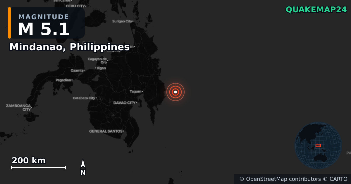 Erdbeben M5,1 bei Mindanao, Philippines — Karte der Lage des Epizentrums