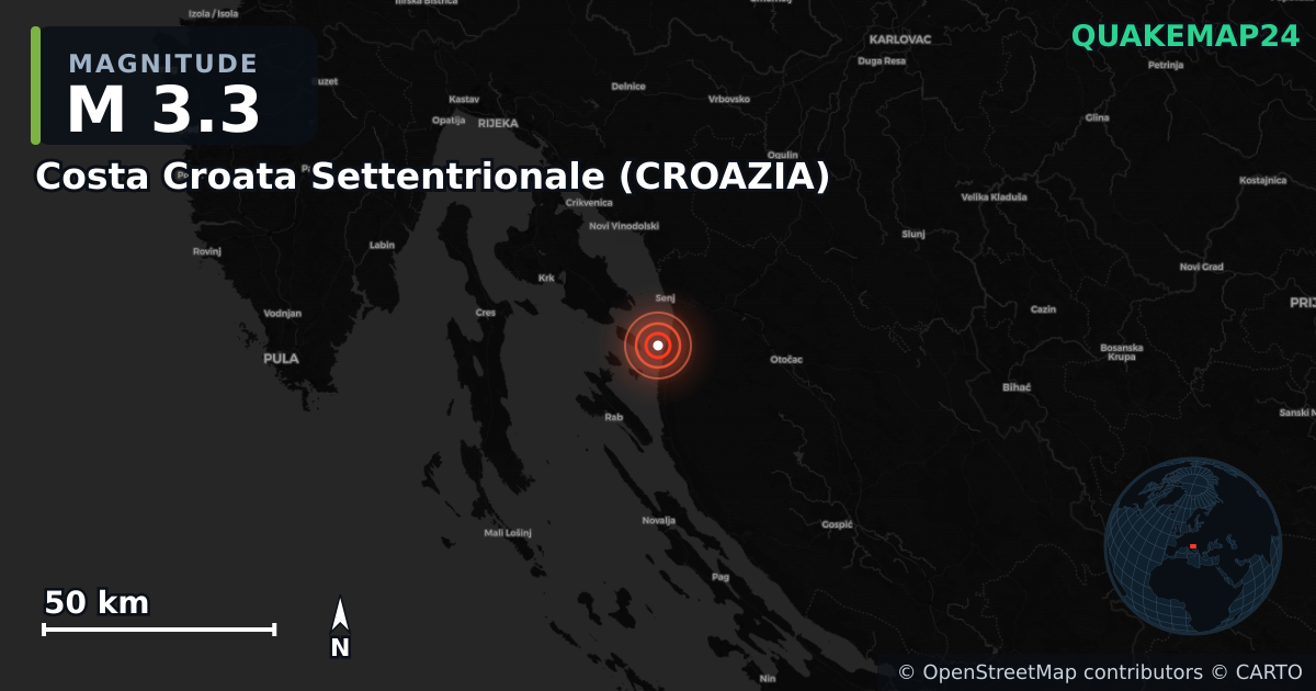 M3.3 earthquake near Costa Croata Settentrionale (CROAZIA) on Oct 20, 2025 — map of epicenter and shaking intensity | QuakeMap24