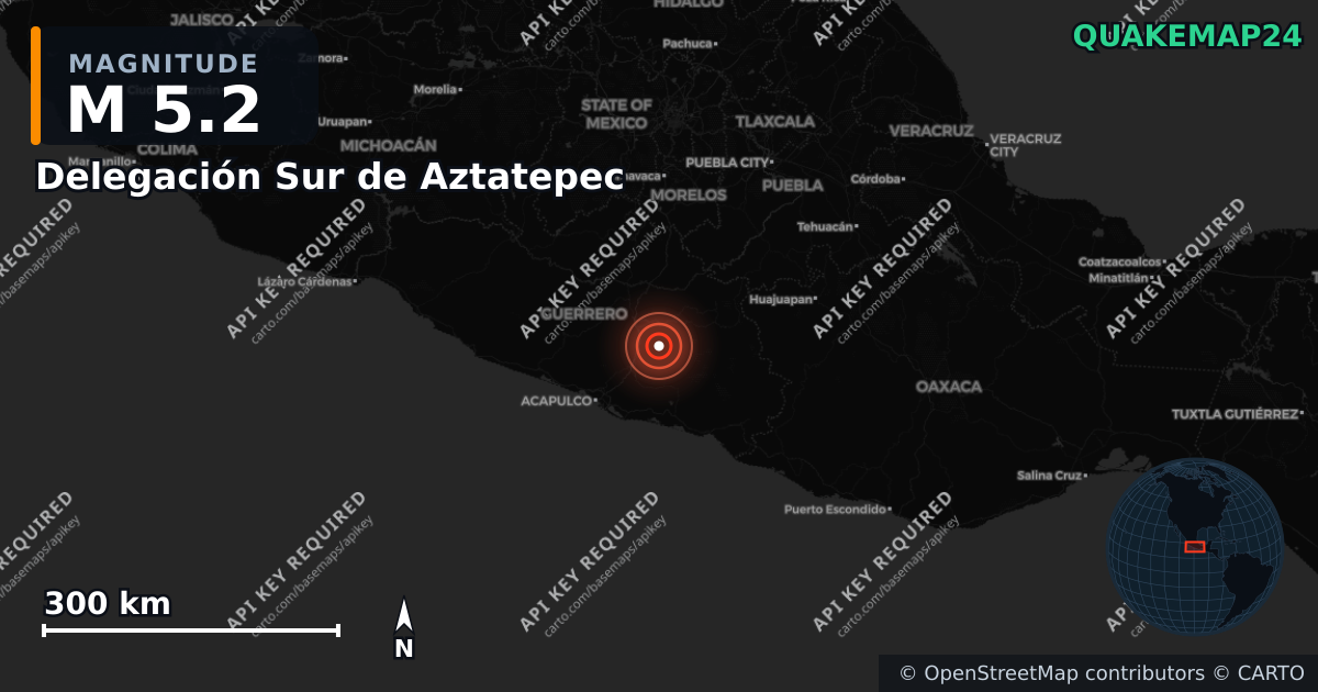 M5.2 earthquake near Delegación Sur de Aztatepec on Jun 13, 2026 — map of epicenter and shaking intensity | QuakeMap24