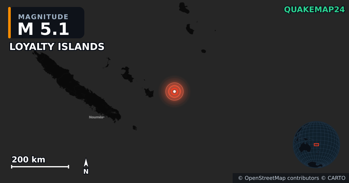 M5.1 earthquake near LOYALTY ISLANDS on Apr 8, 2026 — map of epicenter and shaking intensity | QuakeMap24