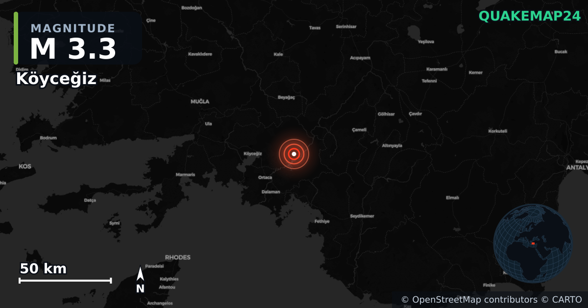 M3.3 earthquake near Köyceğiz on Jan 21, 2026 — map of epicenter and shaking intensity | QuakeMap24