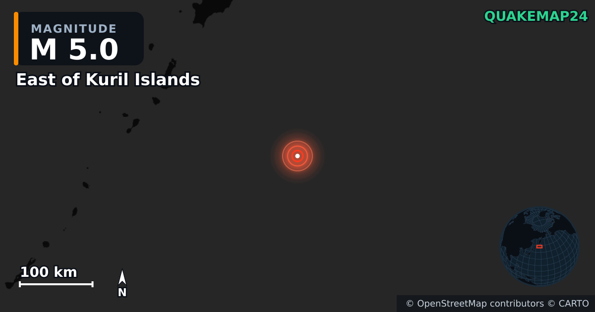 M5.0 earthquake near East of Kuril Islands on Dec 12, 2025 — map of epicenter and shaking intensity | QuakeMap24