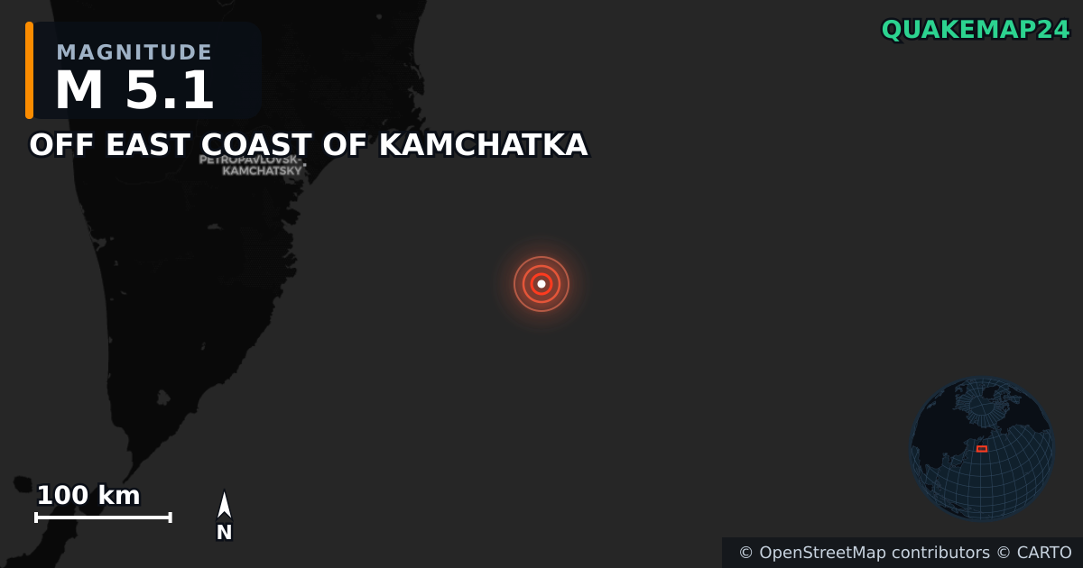 M5.1 earthquake near OFF EAST COAST OF KAMCHATKA on Jul 30, 2025 — map of epicenter and shaking intensity | QuakeMap24