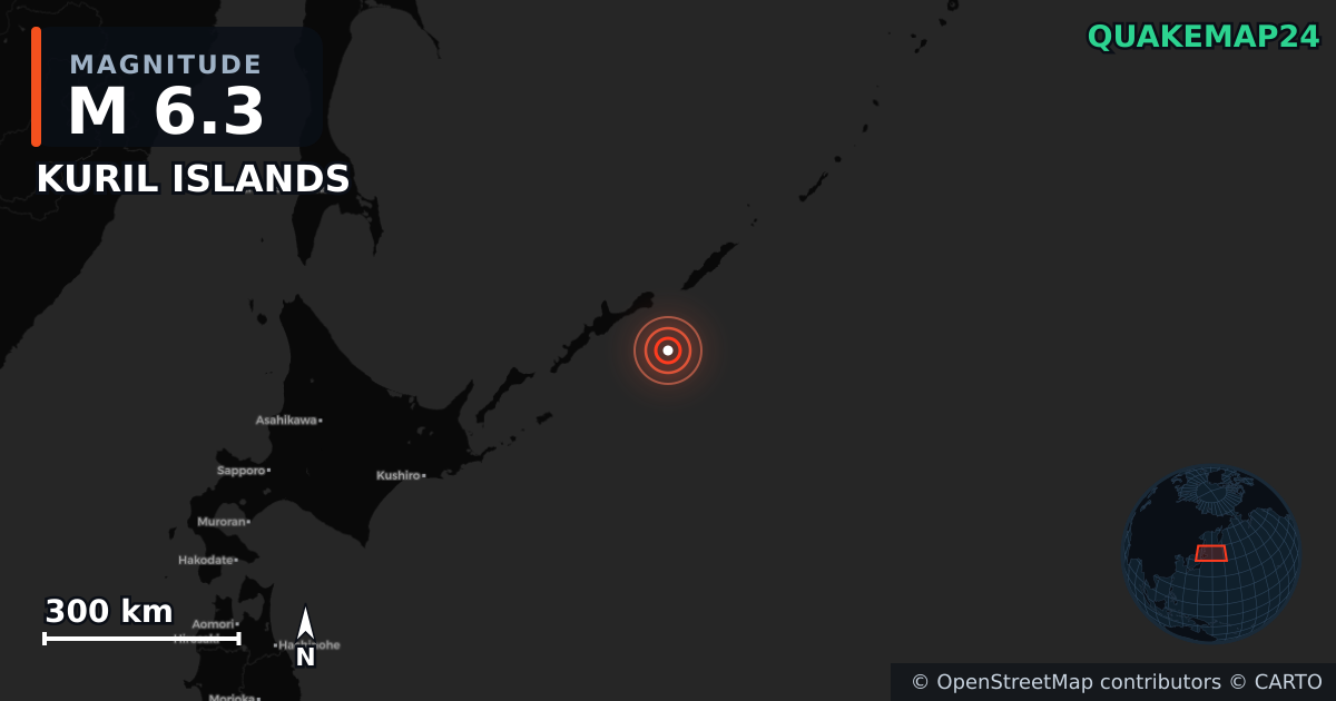 M6.3 earthquake near KURIL ISLANDS on Jan 13, 2026 — map of epicenter and shaking intensity | QuakeMap24