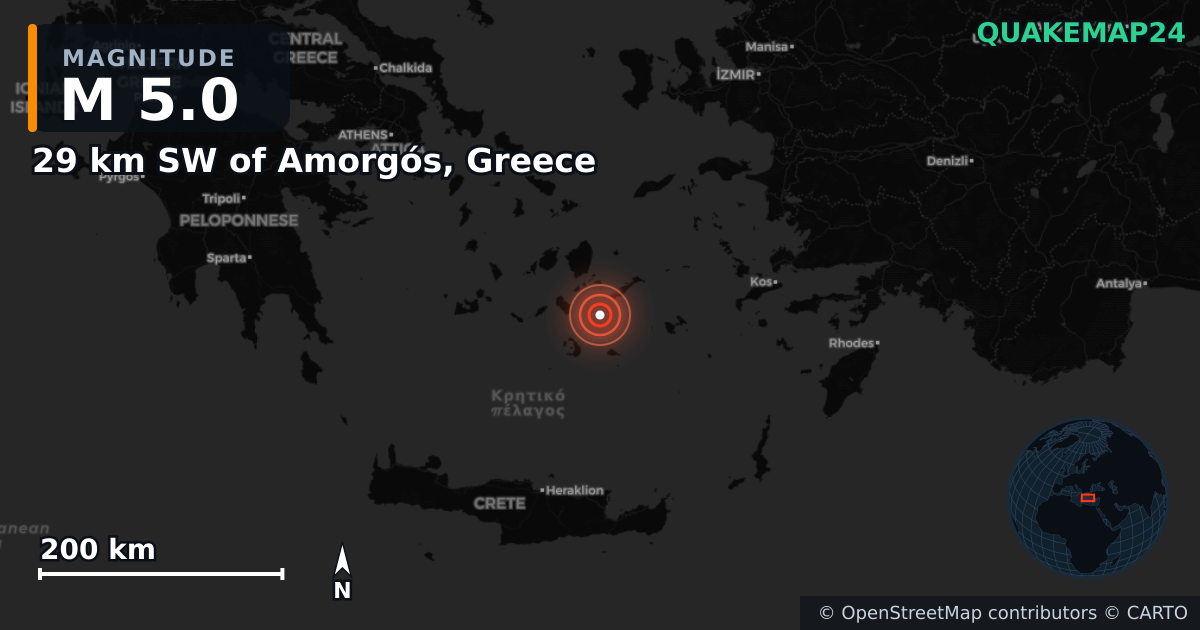 M5.0 earthquake near 29 km SW of Amorgós, Greece on Feb 4, 2025 — map of epicenter and shaking intensity | QuakeMap24