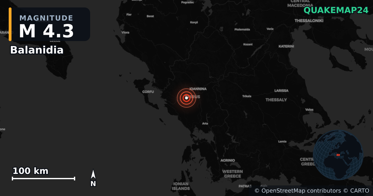 Sismo de M4,3 perto de Balanidia, Periphereia Epeirou (Grécia) · 2026-04-04 — Mapa da localização do epicentro
