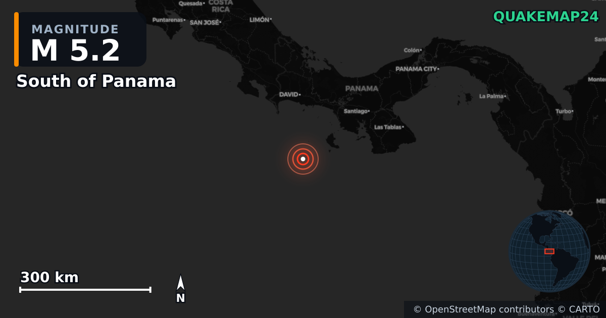Erdbeben M5,2 bei South of Panama — Karte der Lage des Epizentrums