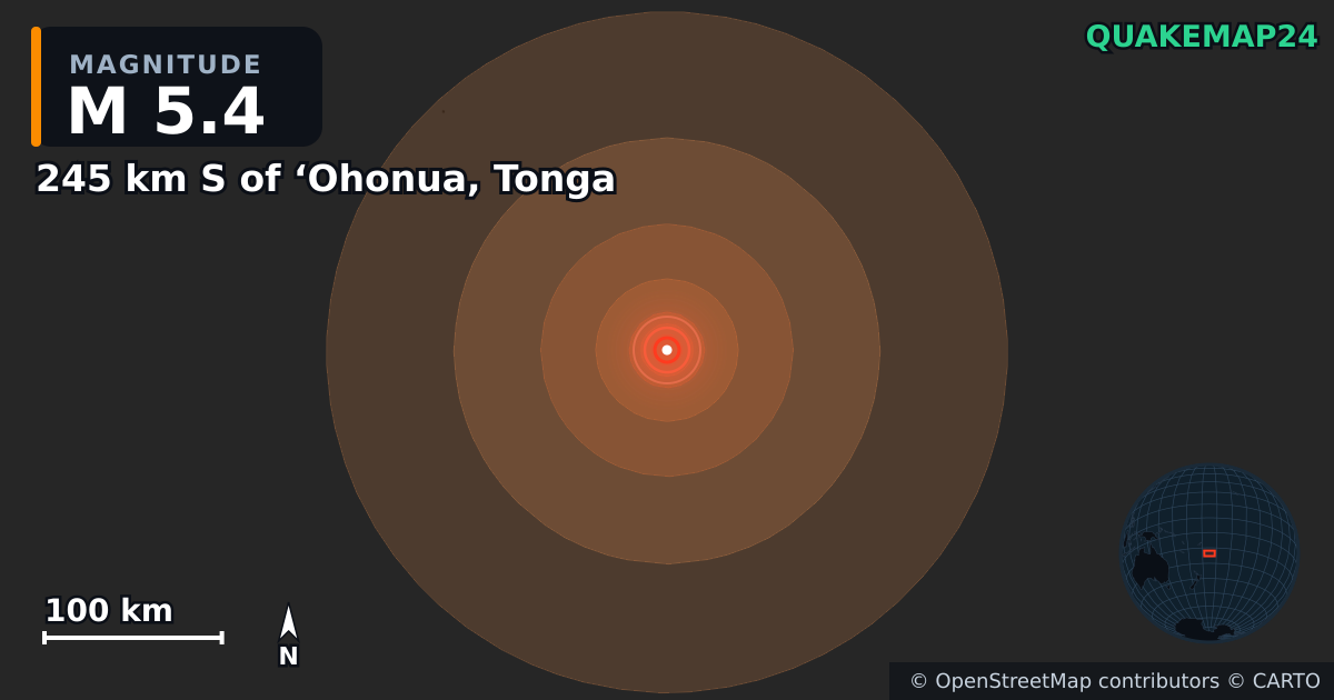 M5.4 earthquake near 245 km S of ‘Ohonua, Tonga on Jul 8, 2026 — map of epicenter and shaking intensity | QuakeMap24