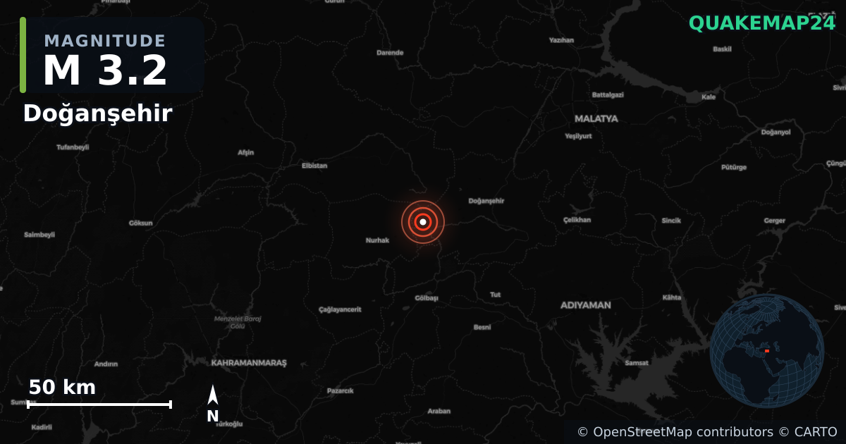 M3.2 earthquake near Doğanşehir on Jul 25, 2025 — map of epicenter and shaking intensity | QuakeMap24