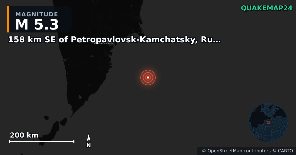158 km SE of Petropavlovsk-Kamchatsky, Russia yakınında M5,3 deprem — Deprem merkez üssünün konumunu gösteren harita