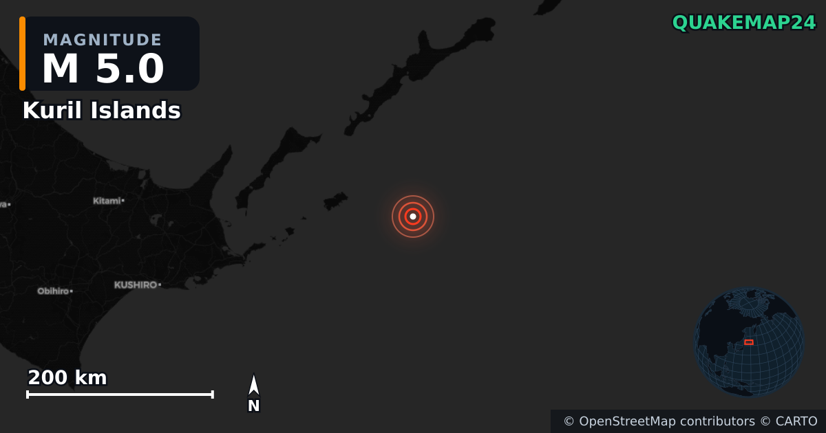 M5.0 earthquake near Kuril Islands on Dec 21, 2025 — map of epicenter and shaking intensity | QuakeMap24