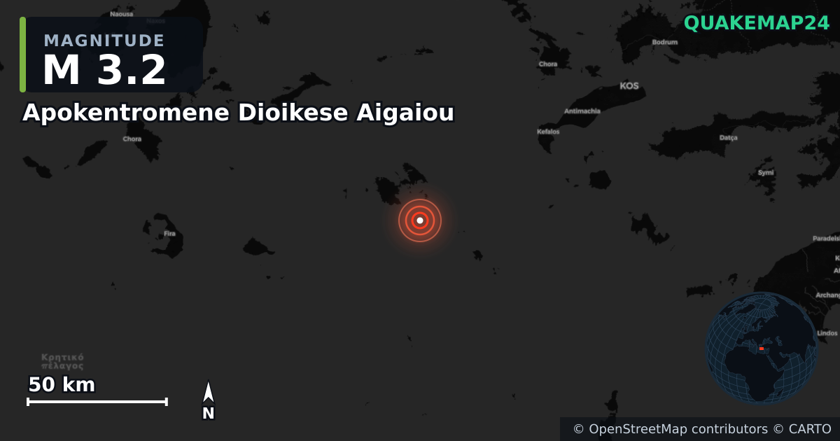 M3.2 earthquake near Apokentromene Dioikese Aigaiou on Jul 30, 2025 — map of epicenter and shaking intensity | QuakeMap24