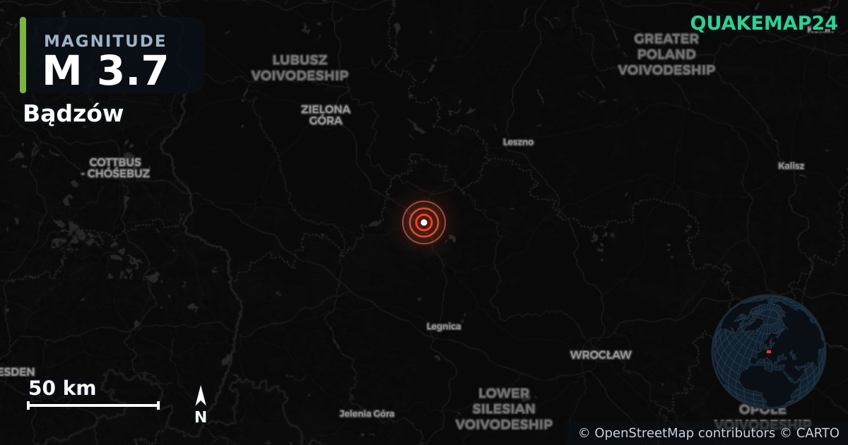 M3.7 earthquake near Bądzów on Aug 13, 2025 — map of epicenter and shaking intensity | QuakeMap24