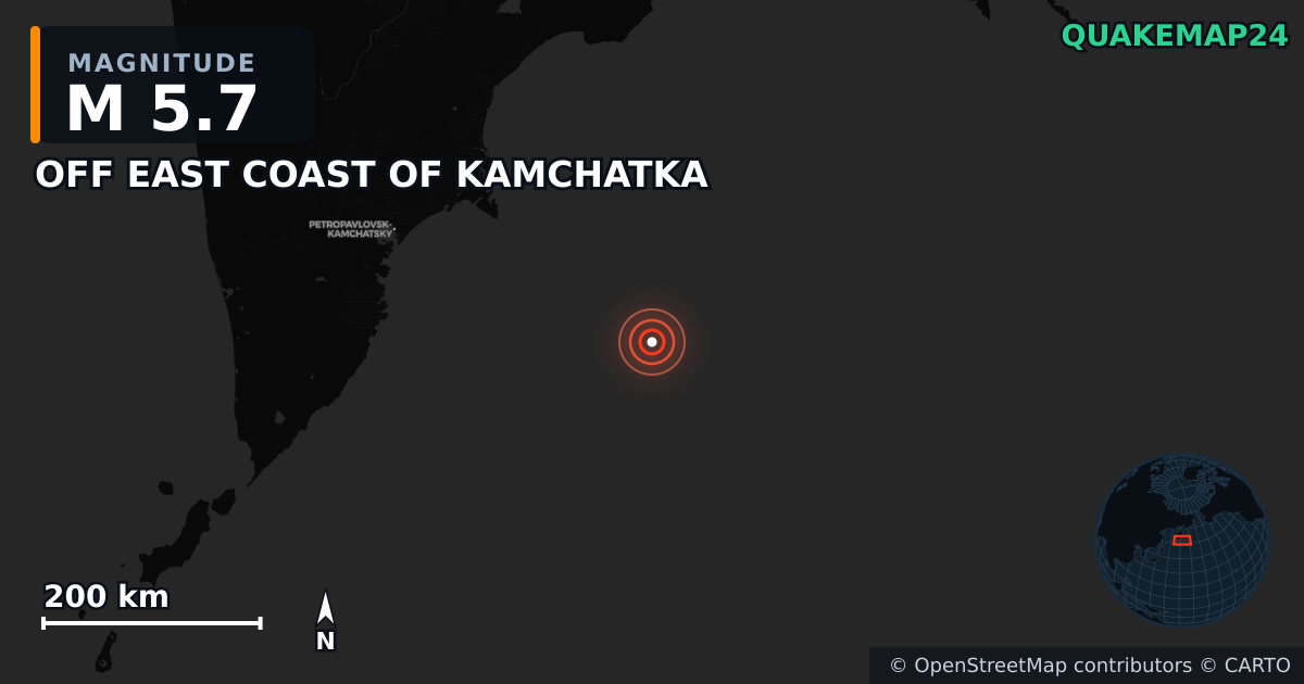 M5.7 earthquake near OFF EAST COAST OF KAMCHATKA on Jul 30, 2025 — map of epicenter and shaking intensity | QuakeMap24
