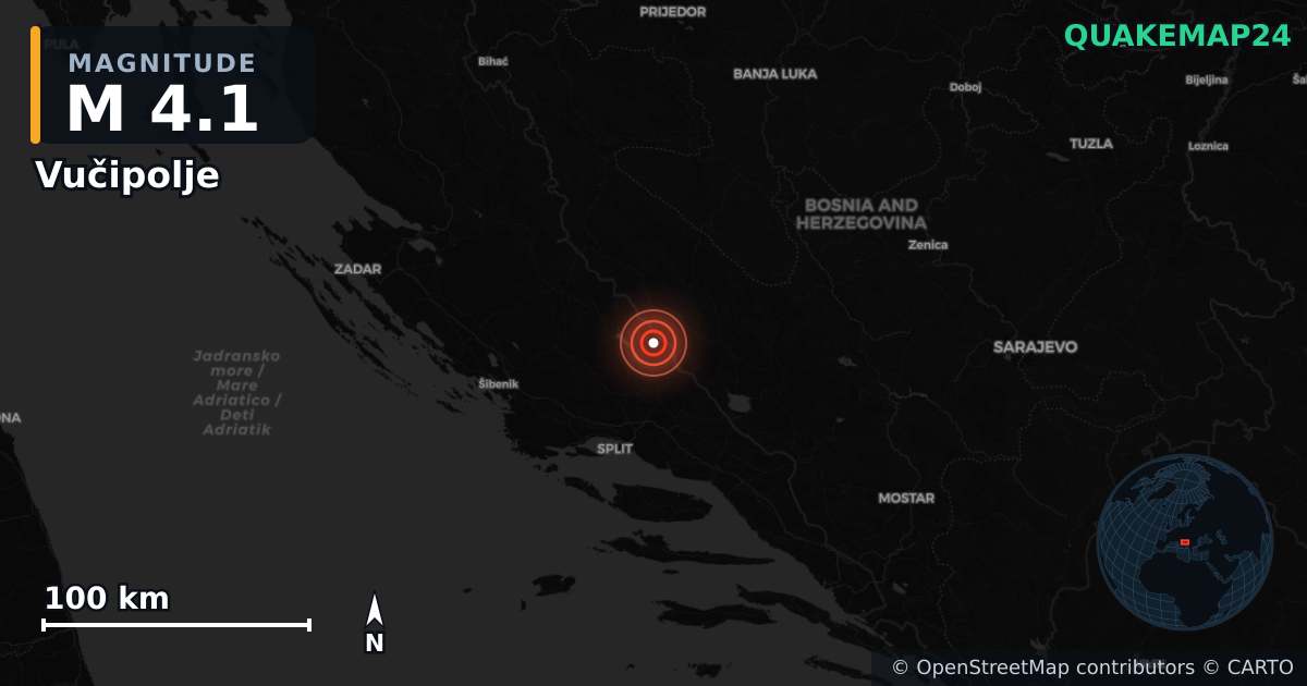 M4.1 earthquake near Vučipolje on May 25, 2026 — map of epicenter and shaking intensity | QuakeMap24