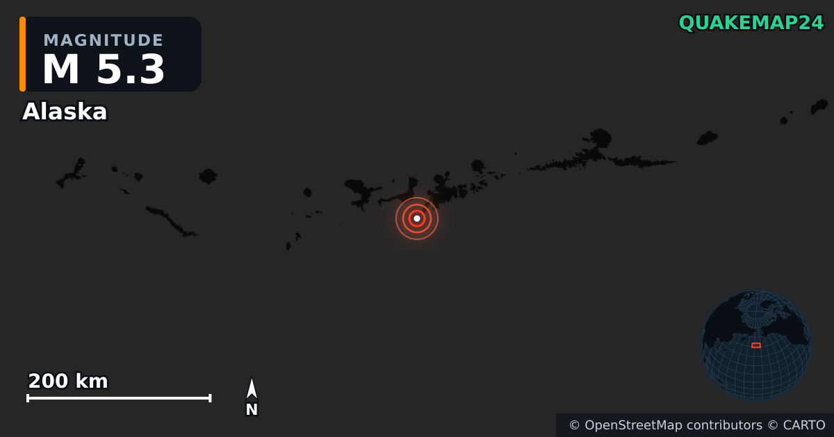 M5.3 earthquake near Alaska on Nov 23, 2025 — map of epicenter and shaking intensity | QuakeMap24