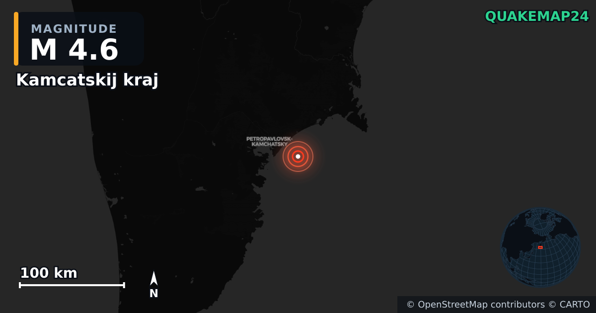 M4.6 earthquake near Kamcatskij kraj on Jul 20, 2025 — map of epicenter and shaking intensity | QuakeMap24