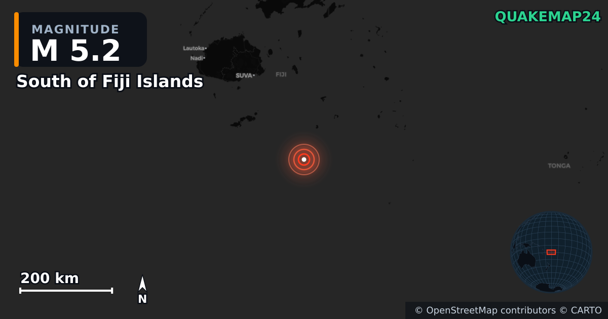 Terremoto de M5,2 cerca de South of Fiji Islands · 2026-03-31 — Mapa de la ubicación del epicentro