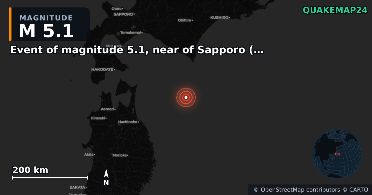 M5.1 earthquake near Event of magnitude 5.1, near of Sapporo (Monde) on Dec 8, 2025 — map of epicenter and shaking intensity | QuakeMap24