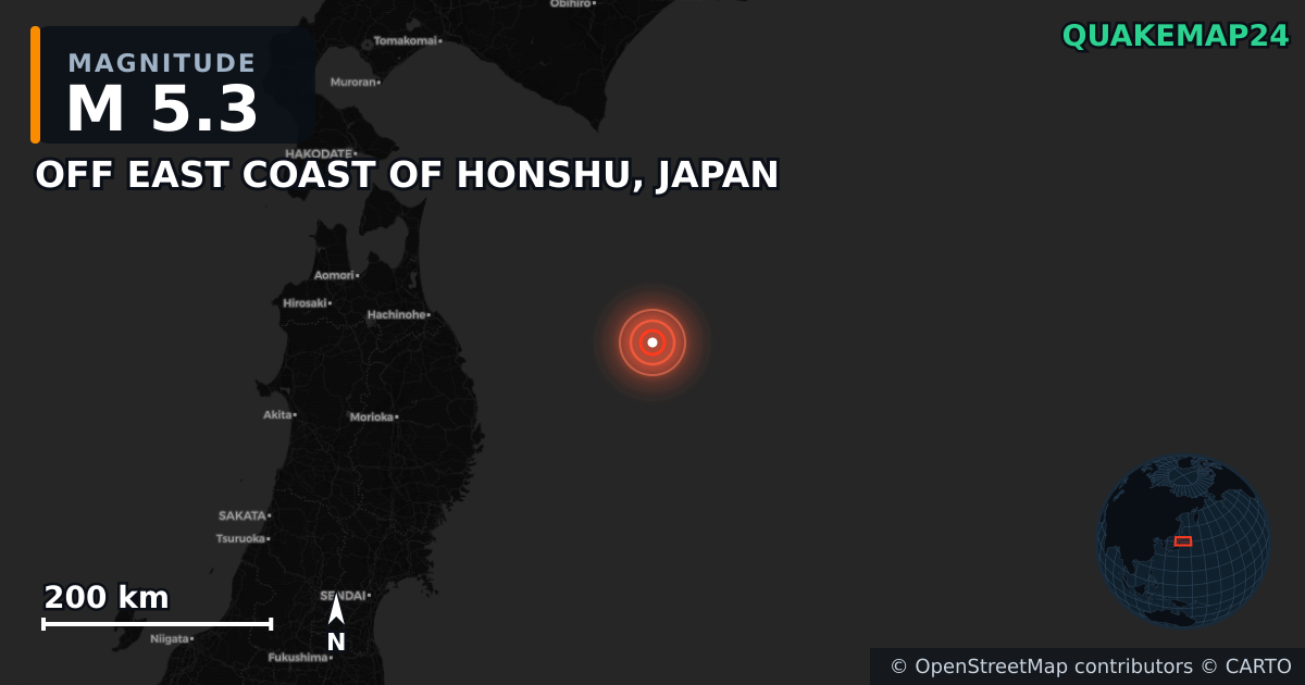 M5.3 earthquake near OFF EAST COAST OF HONSHU, JAPAN on Apr 20, 2026 — map of epicenter and shaking intensity | QuakeMap24