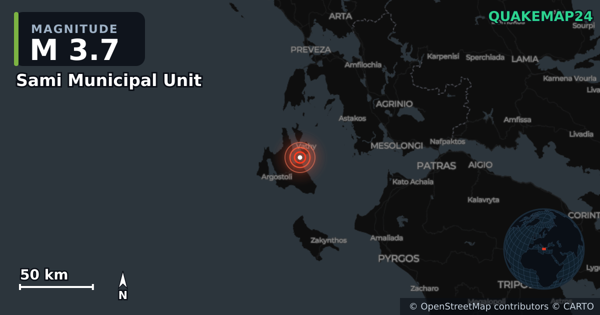 Sami Municipal Unit, Ioanian Islands (Yunanistan) yakınında M3,7 deprem · 2026-10-25 — Deprem merkez üssünün konumunu gösteren harita