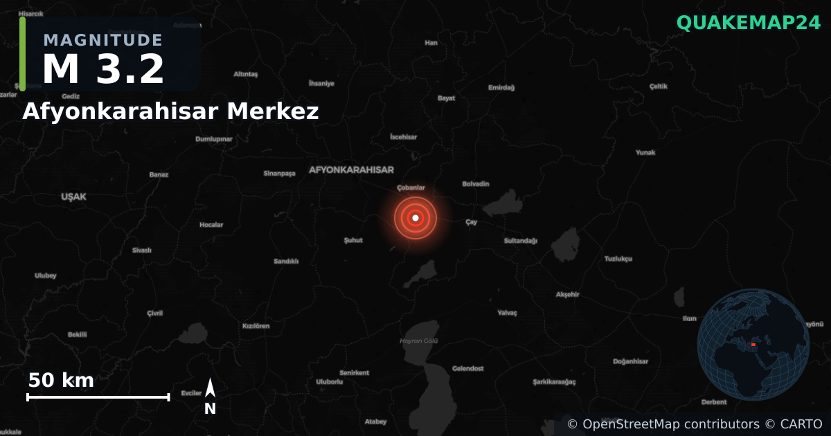 Sismo de M3,2 perto de Afyonkarahisar Merkez, Afyonkarahisar (Turquia) · 2026-06-12 — Mapa da localização do epicentro
