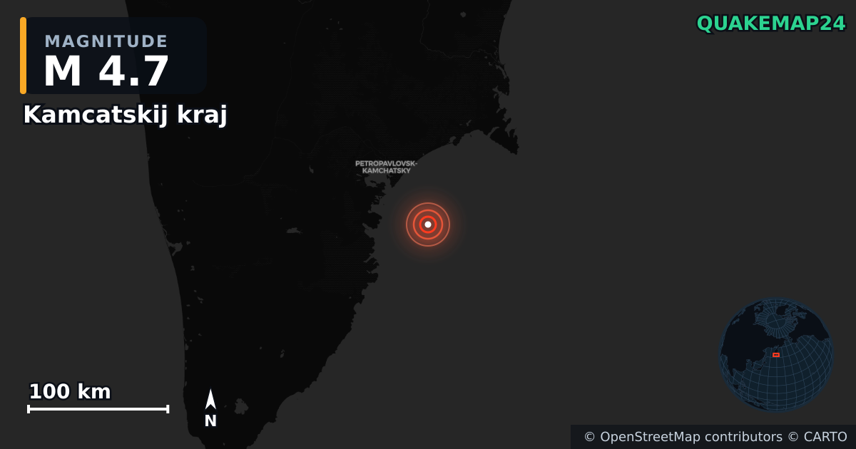 M4.7 earthquake near Kamcatskij kraj on Aug 5, 2025 — map of epicenter and shaking intensity | QuakeMap24