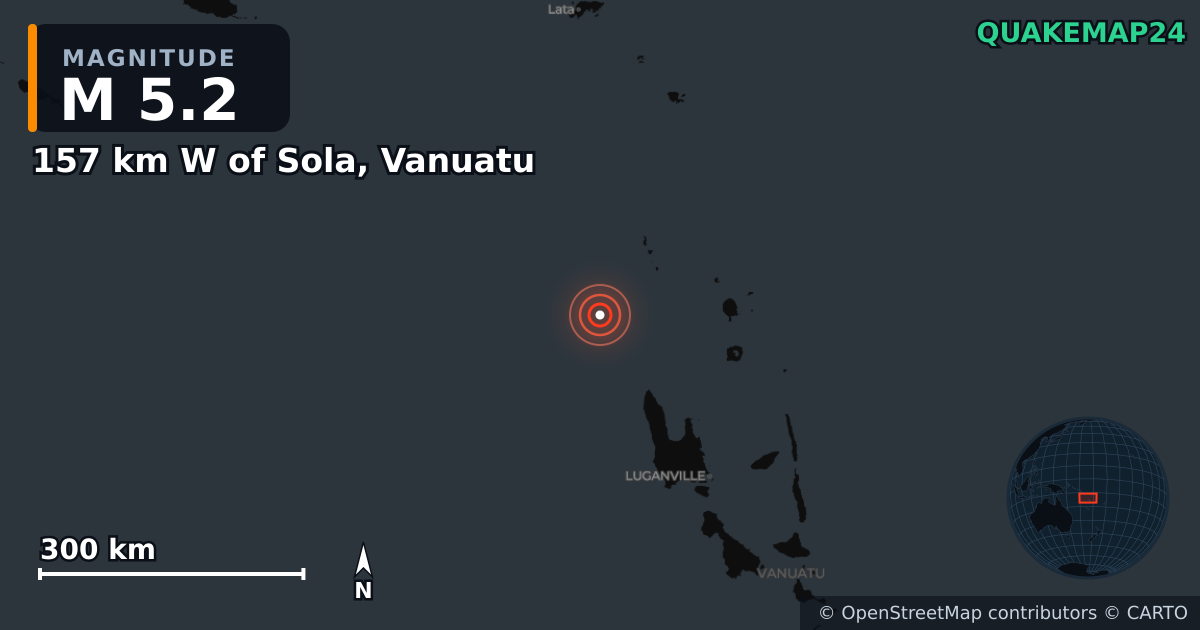 Σεισμός M5,2 κοντά στο 157 km W of Sola, Vanuatu · 2026-10-15 — Χάρτης της θέσης του επικέντρου