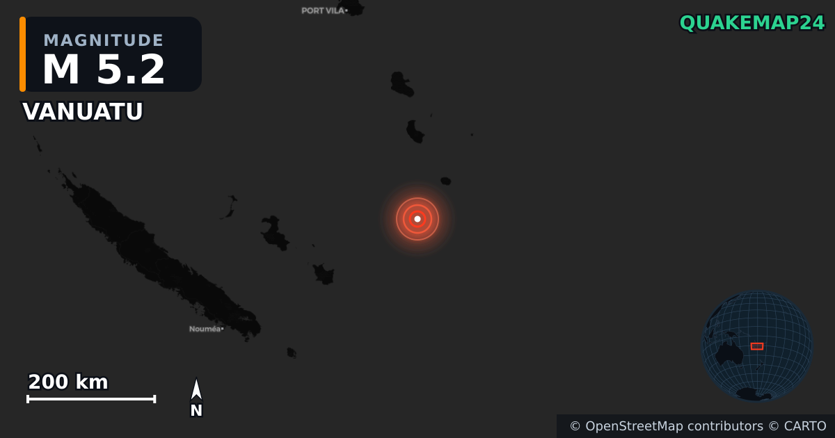M5.2 earthquake near VANUATU on Jun 11, 2025 — map of epicenter and shaking intensity | QuakeMap24