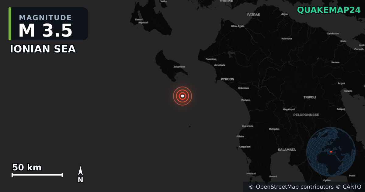 M3.5 earthquake near IONIAN SEA on Apr 26, 2025 — map of epicenter and shaking intensity | QuakeMap24