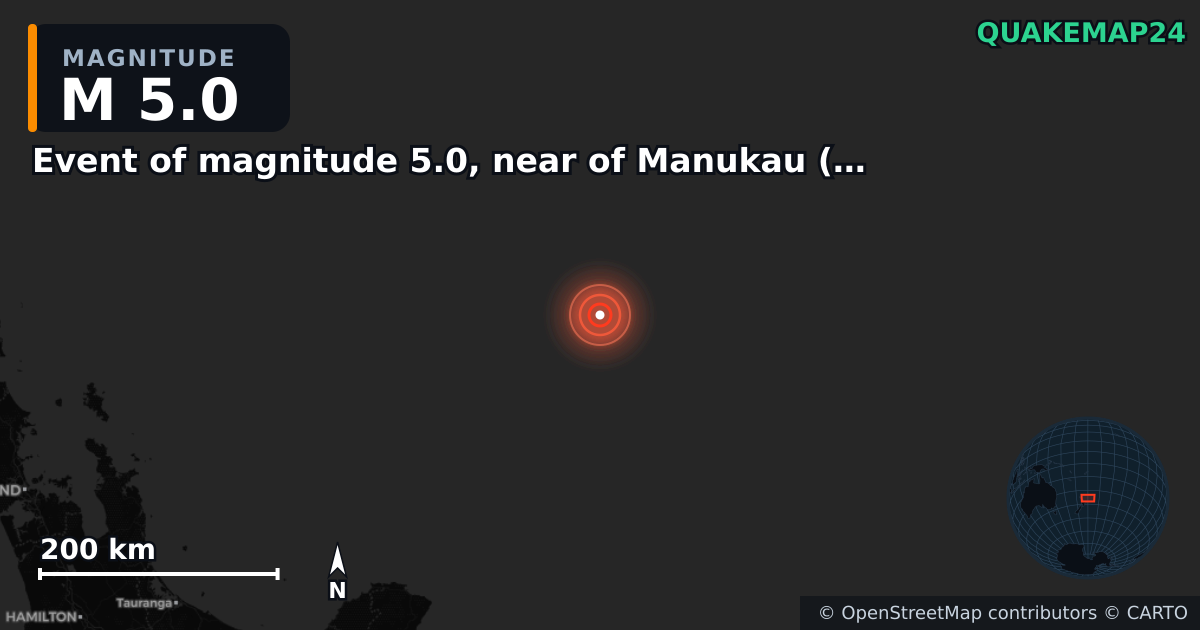 M5.0 earthquake near Event of magnitude 5.0, near of Manukau (Monde) on Oct 24, 2025 — map of epicenter and shaking intensity | QuakeMap24